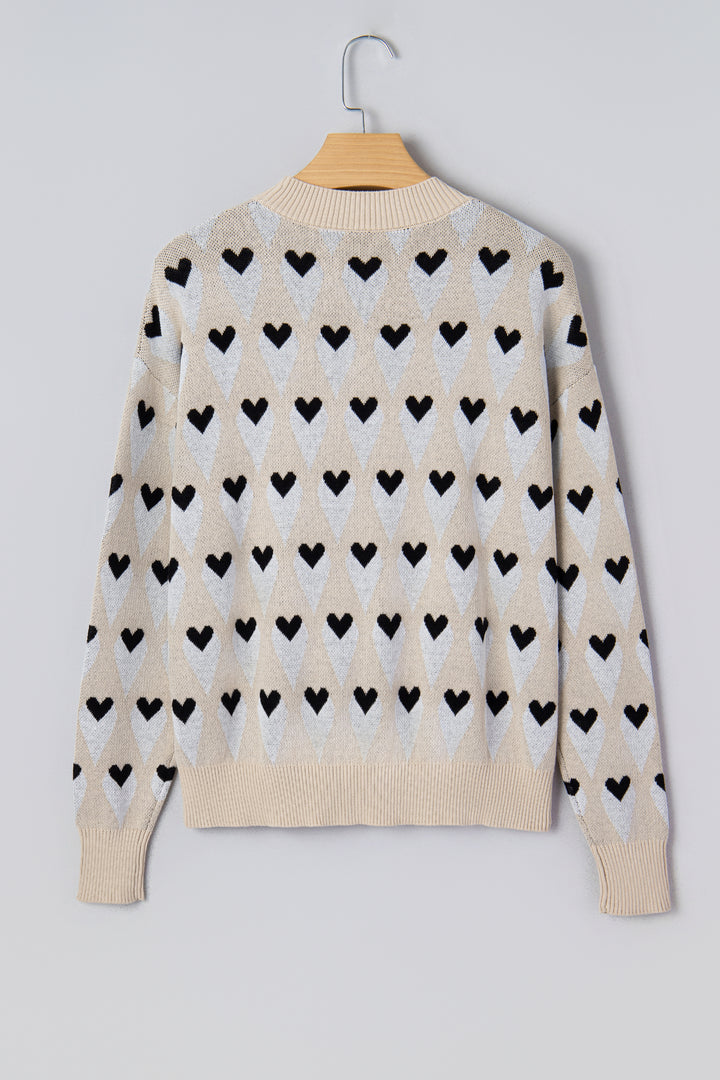 Parchment Geometric Heart Print Ribbed Trim Loose Sweater