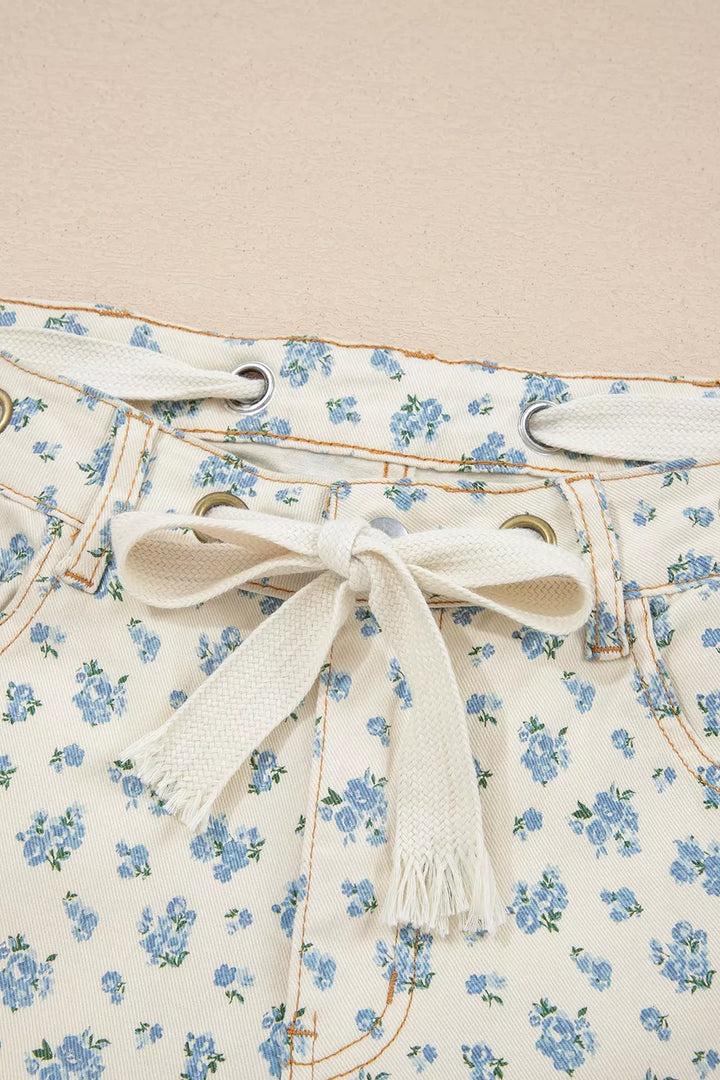 Grommet Knot Waist Floral Barrel Leg Jeans