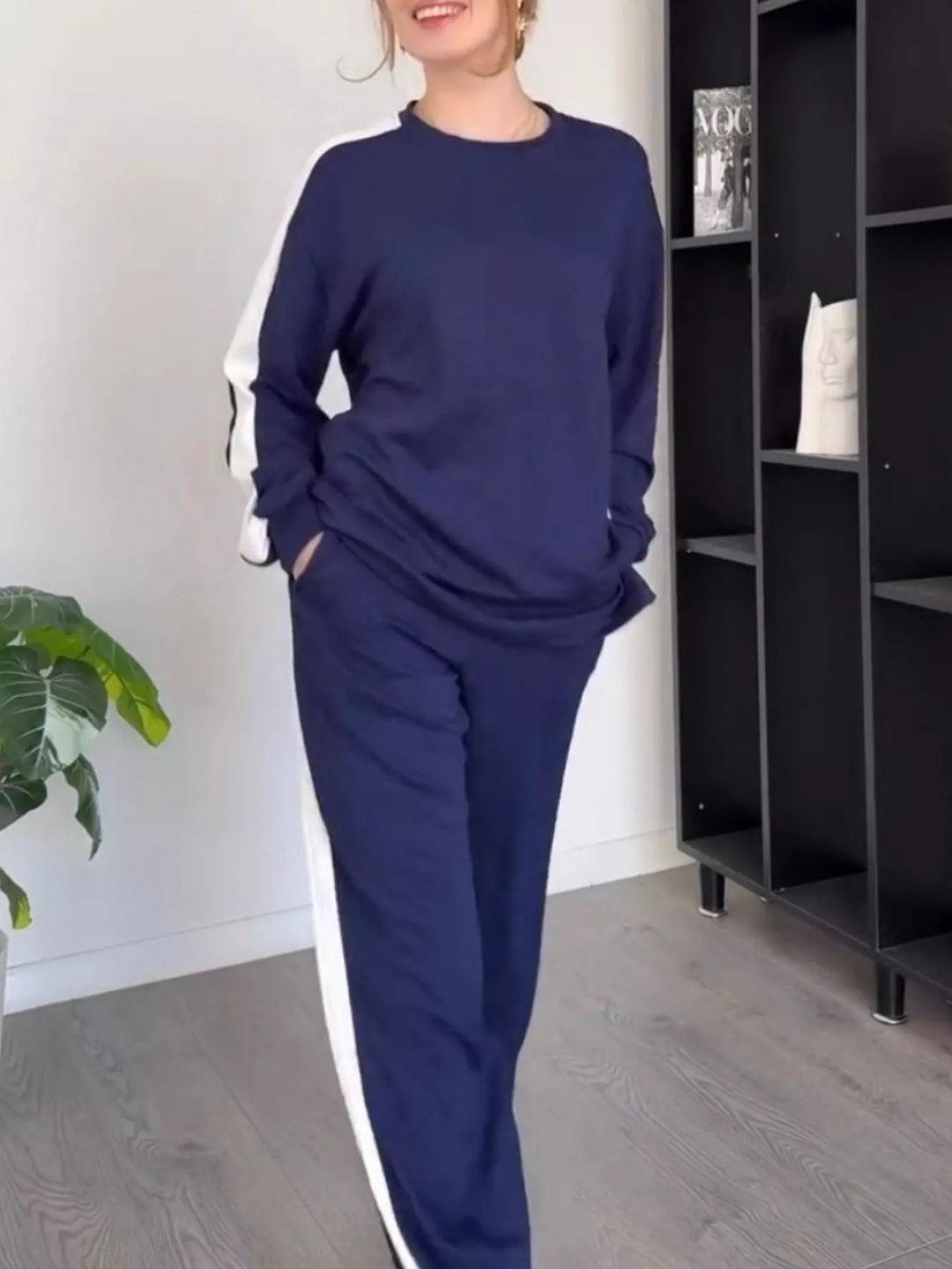 Full Size Contrast Round Neck Top and Pants Set Plus Size