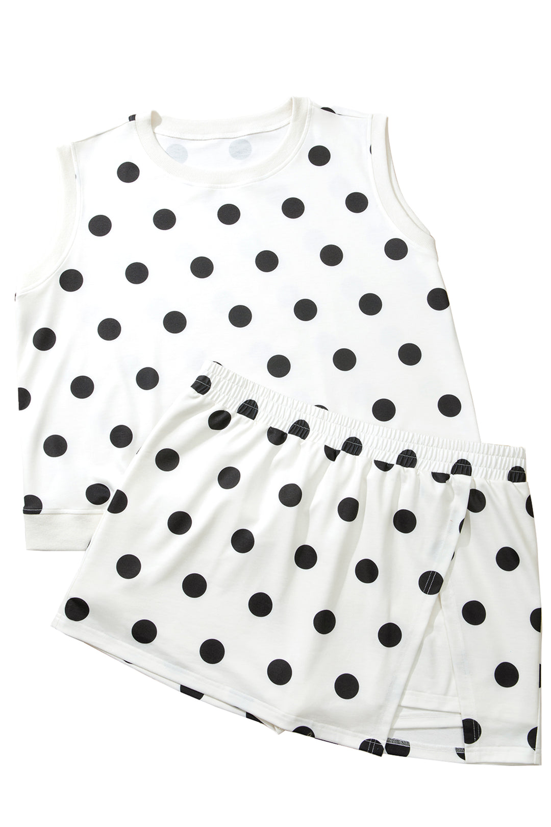 White Plus Size Polka Dot Printed Tank Split Skort 2pcs Outfit