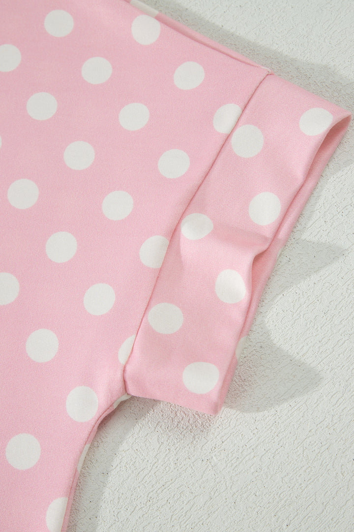 Pink Polka Dot Print Mock Neck Short Sleeve Top Shift Pant Set