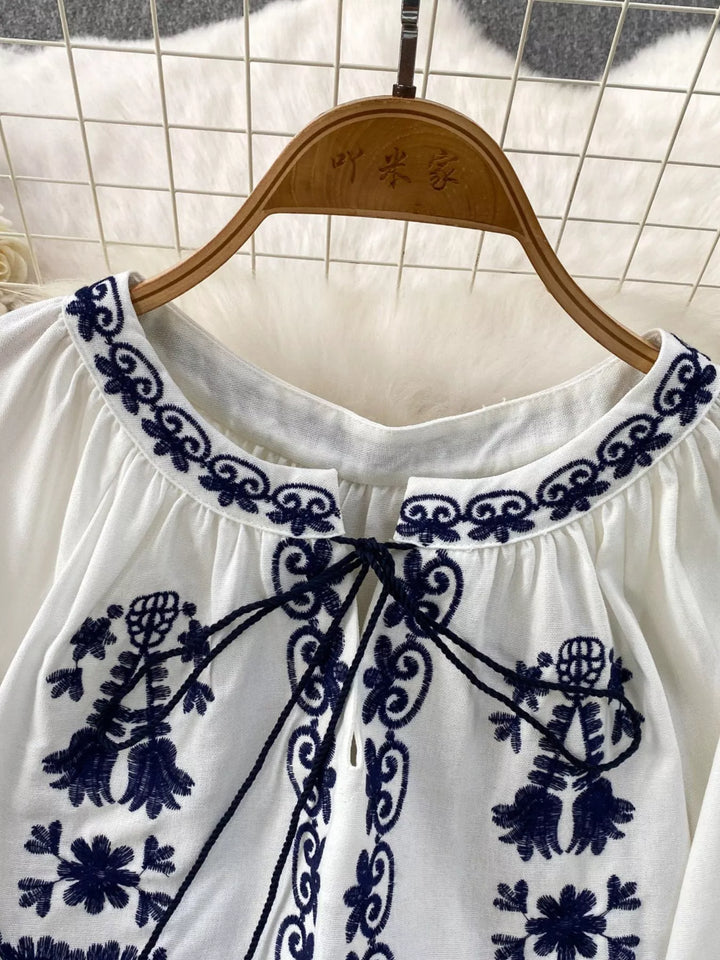 Embroidered Tie Neck Blouse
