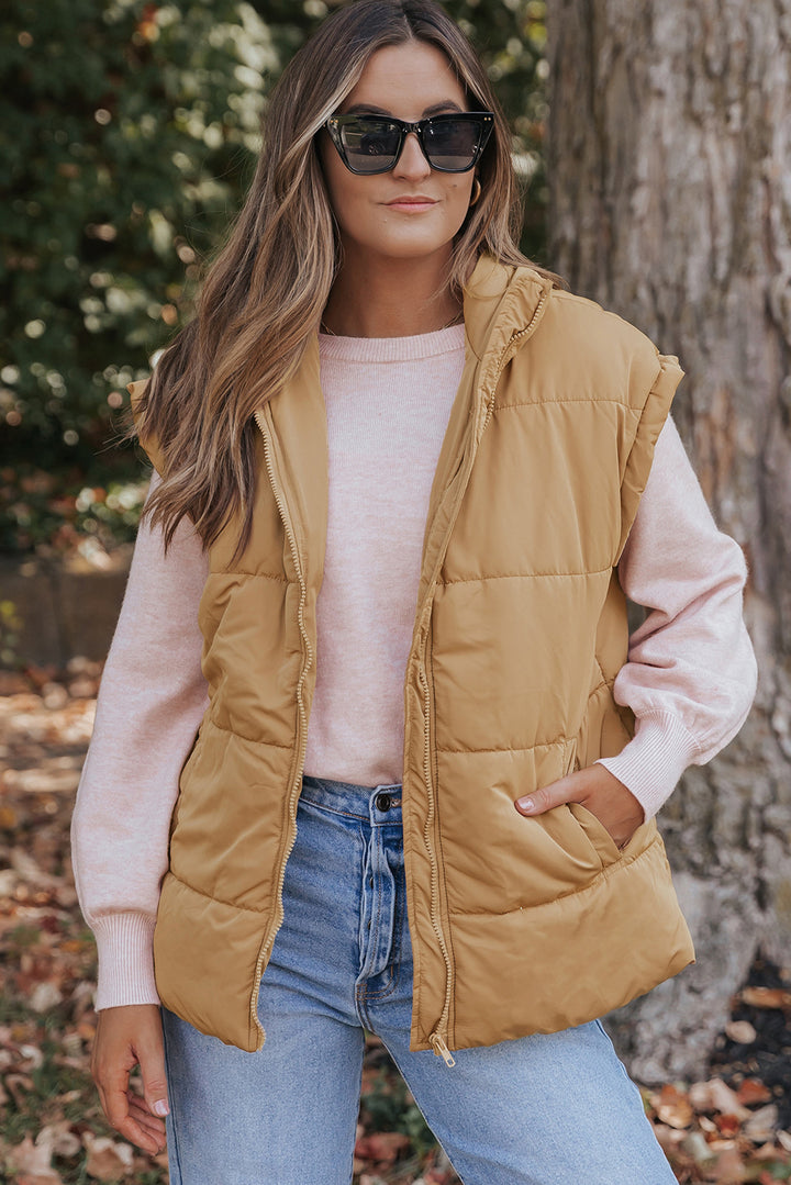 Khaki Oversized Stand Collar Zip Winter Vest