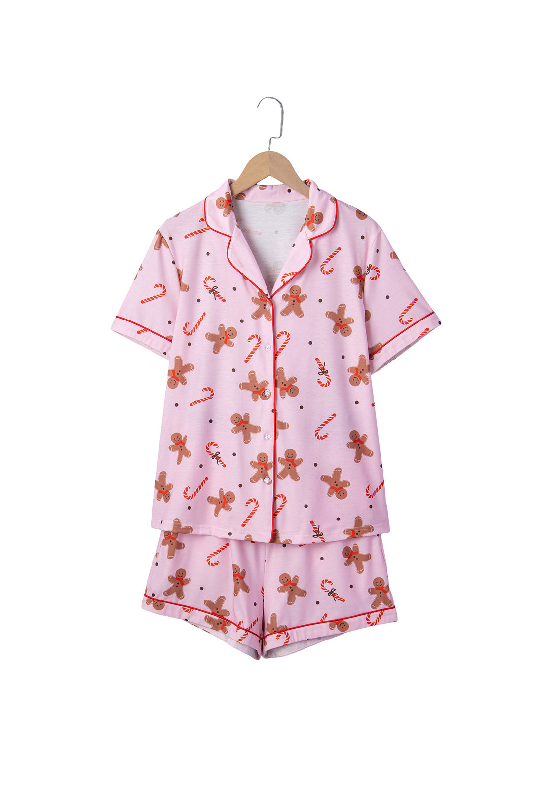 Pink Short Sleeve Placket Shell Button Elastic Waist Lounge Set