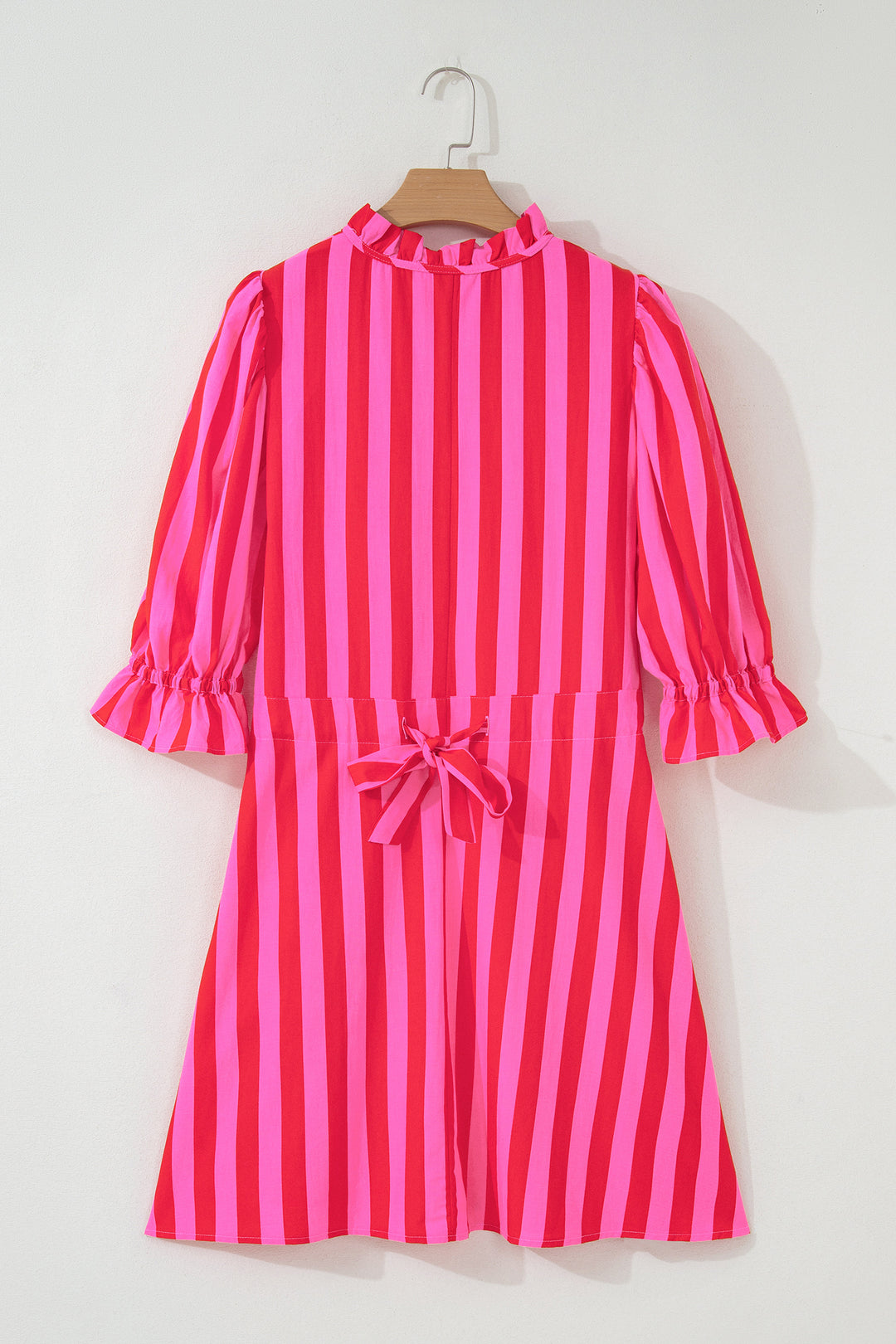 Rose Stripe Frilled Collar Button Neck Short Sleeve Curvy Mini Dress