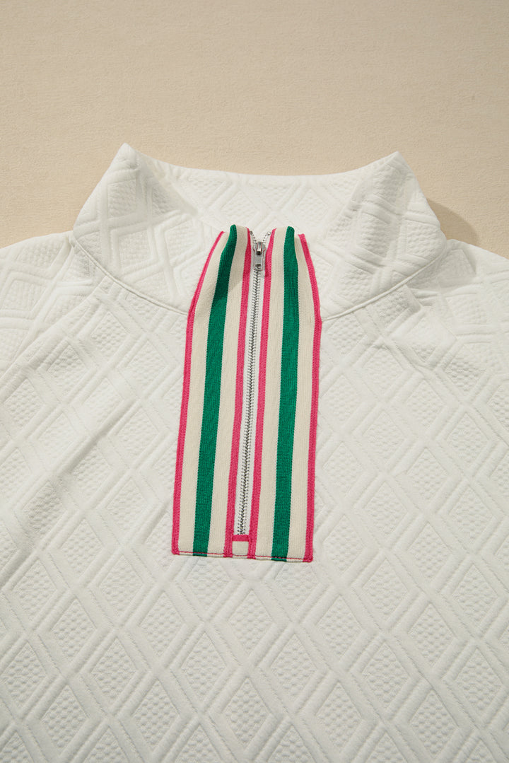 Beige Plus Size Rhombus Texture Contrast Striped Collar Baggy Sweatshirt