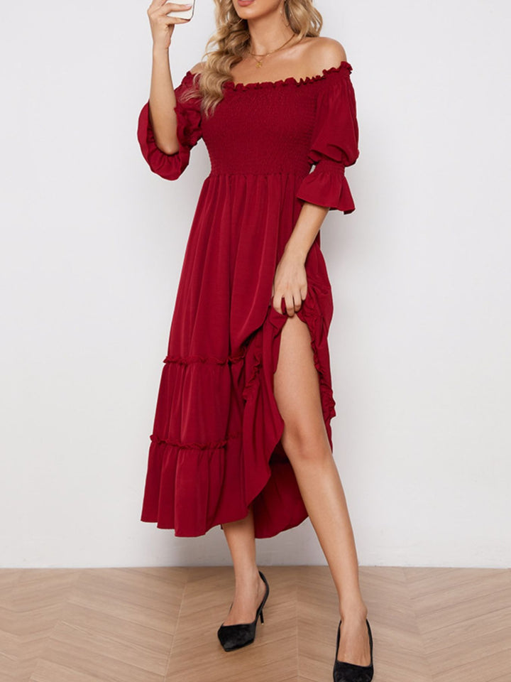 Smocked Off-Shoulder Ruffle Hem Midi Dress
