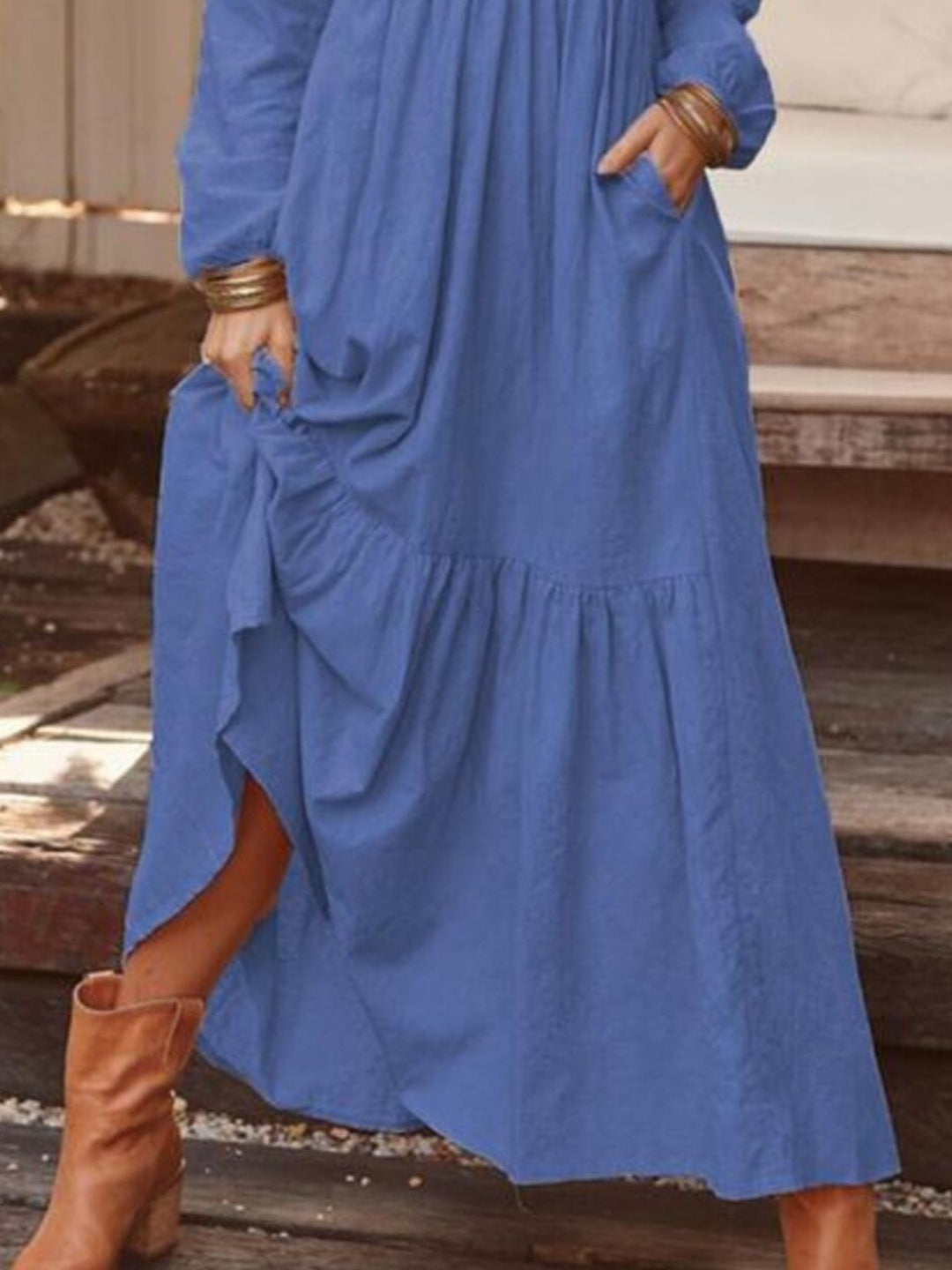 Full Size V-Neck Long Sleeve Tiered Maxi Dress Plus Size