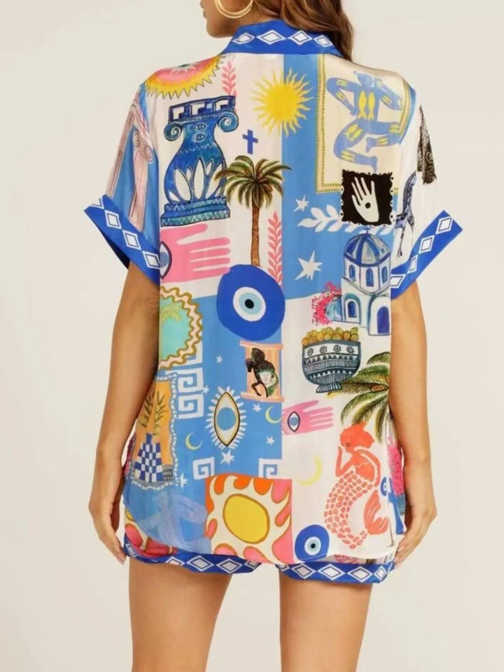 Printed Button Up Shirt and Shorts Set