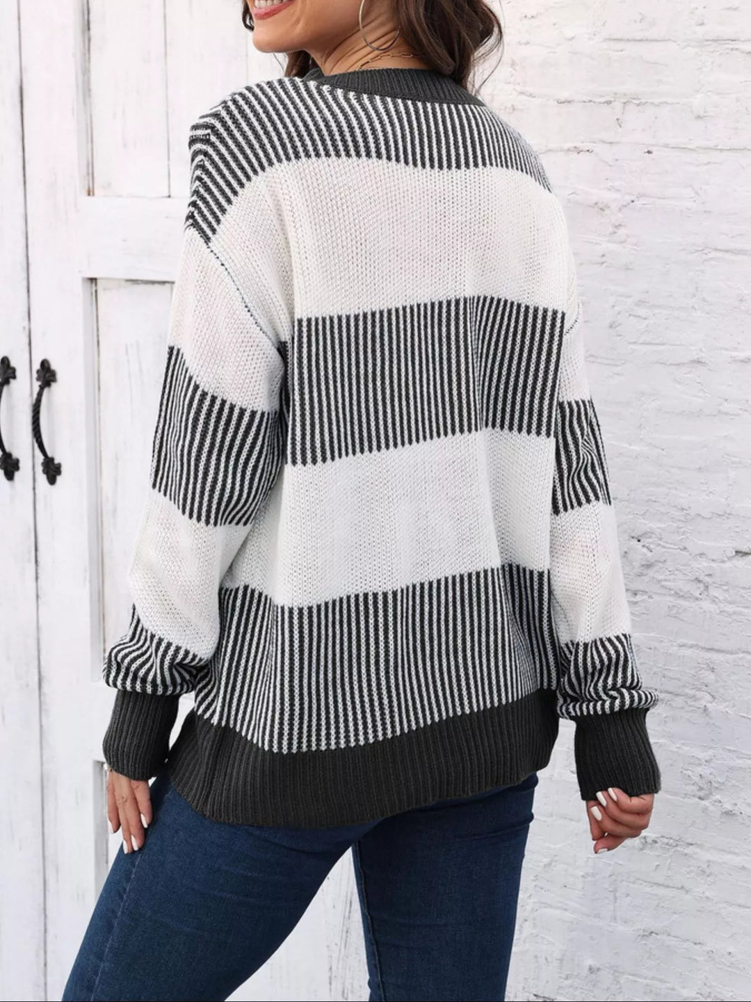 Full Size Color Block Dropped Shoulder Sweater Plus Size