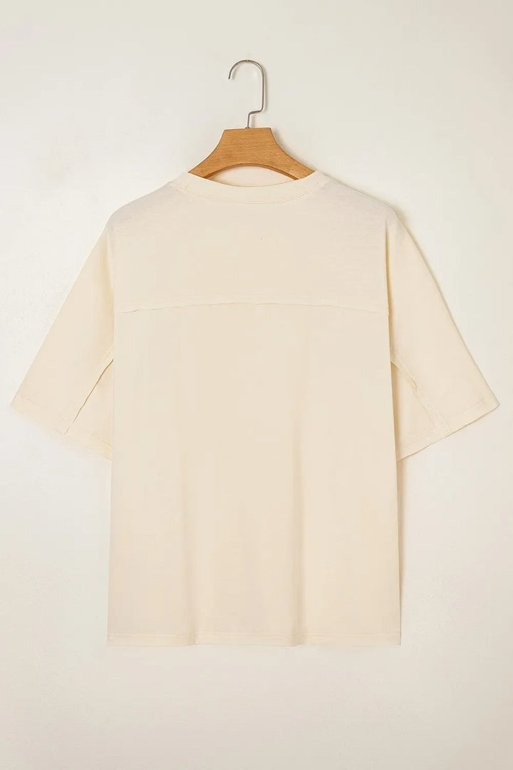 Flower Patched Exposed Stitching Trim Crew Neck Loose Tee