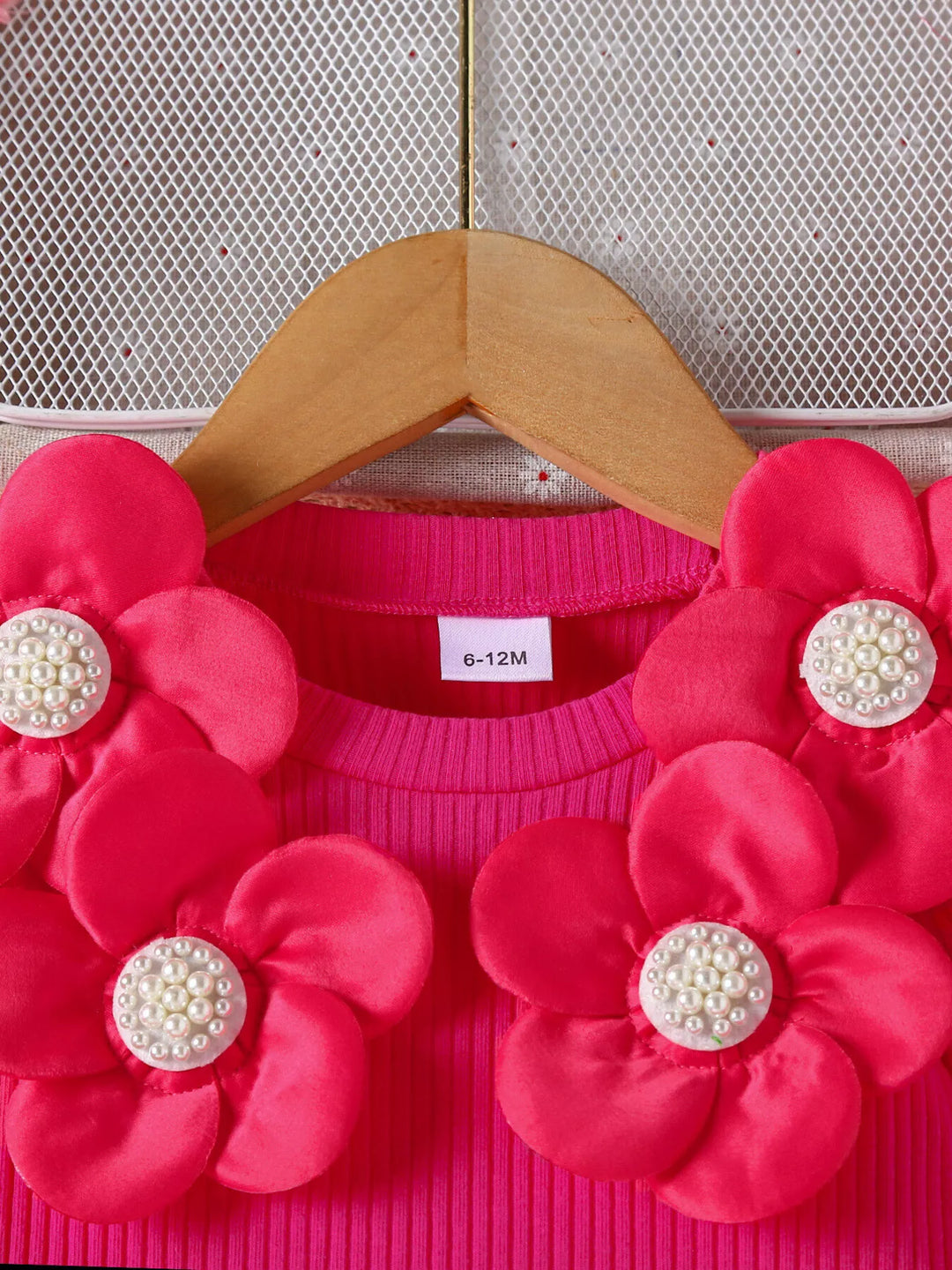 Children's Floral Applique Ribbed Top & Button Decor Skirt Set