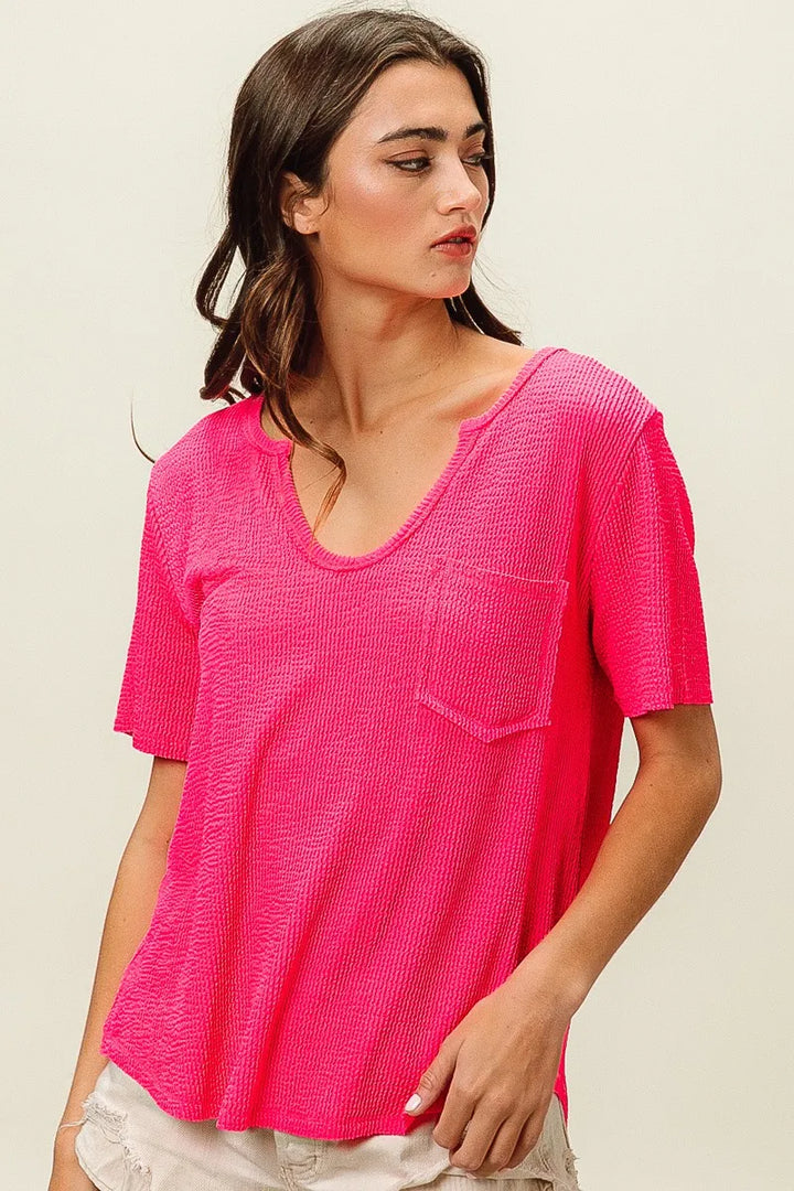 BiBi Waved Rib U Neck Top With Front Pocket
