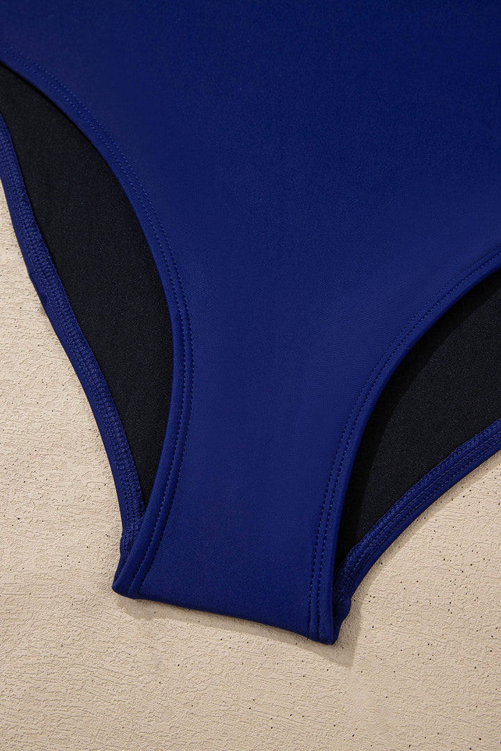 Navy Blue Color Block Detail Adjustable Straps One Piece Swimsuit