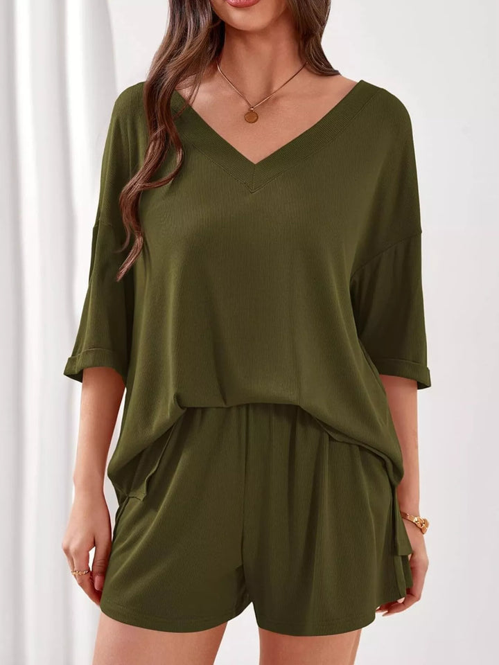 Casual Solid Color V-Neck Top & Shorts Set