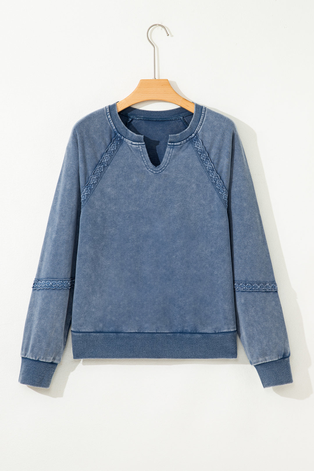Sail Blue Lace Patchwork Detail Notched Neck Mineral Wash Baggy Sweatshirt