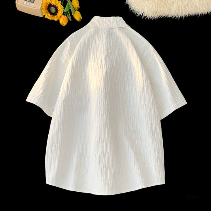 Textured Striped White Ice Silk Short Sleeve