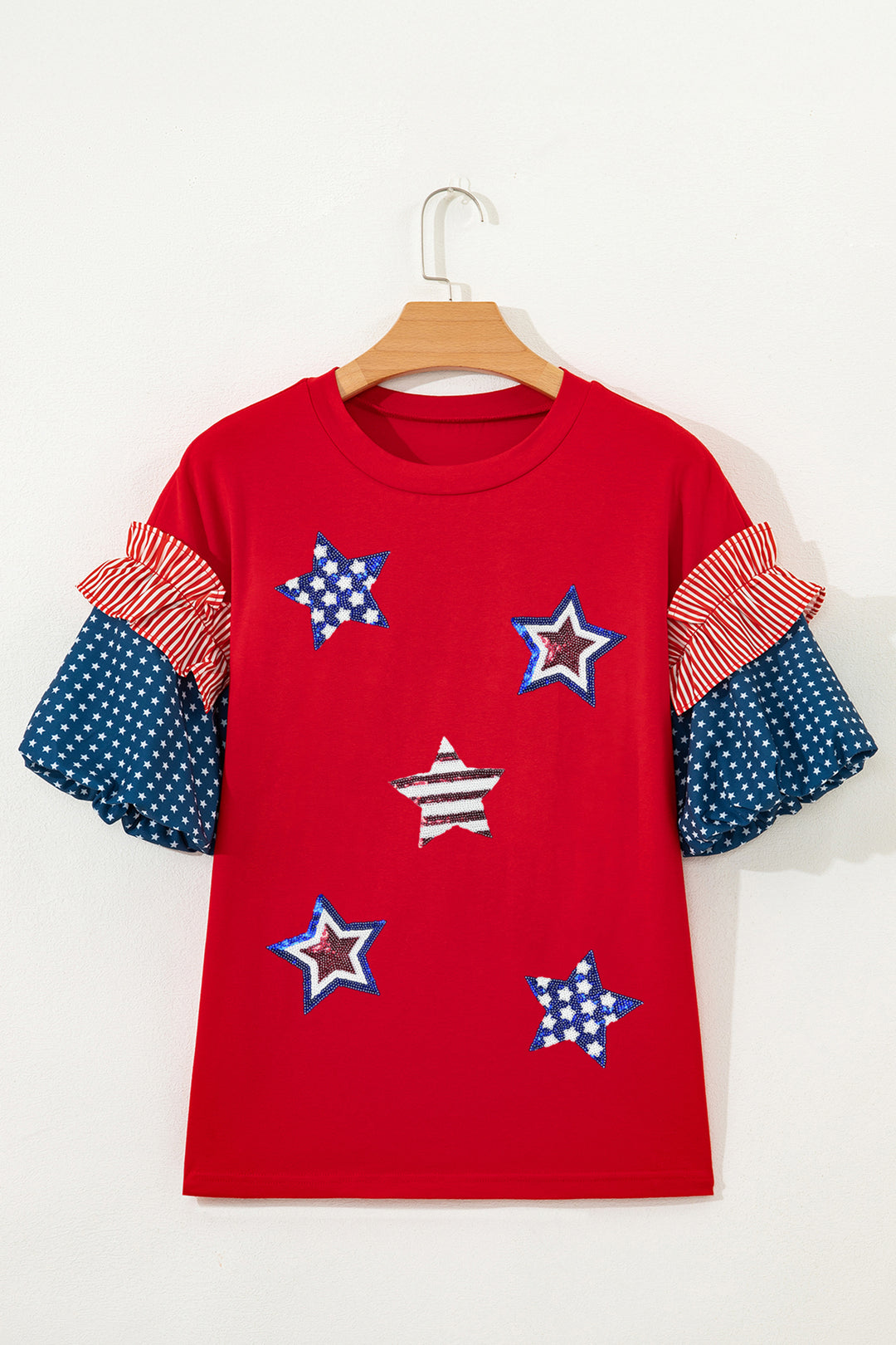 Fiery Red Patriotic Sequin Star Patched Stars and Stripes Contrast Sleeve Top
