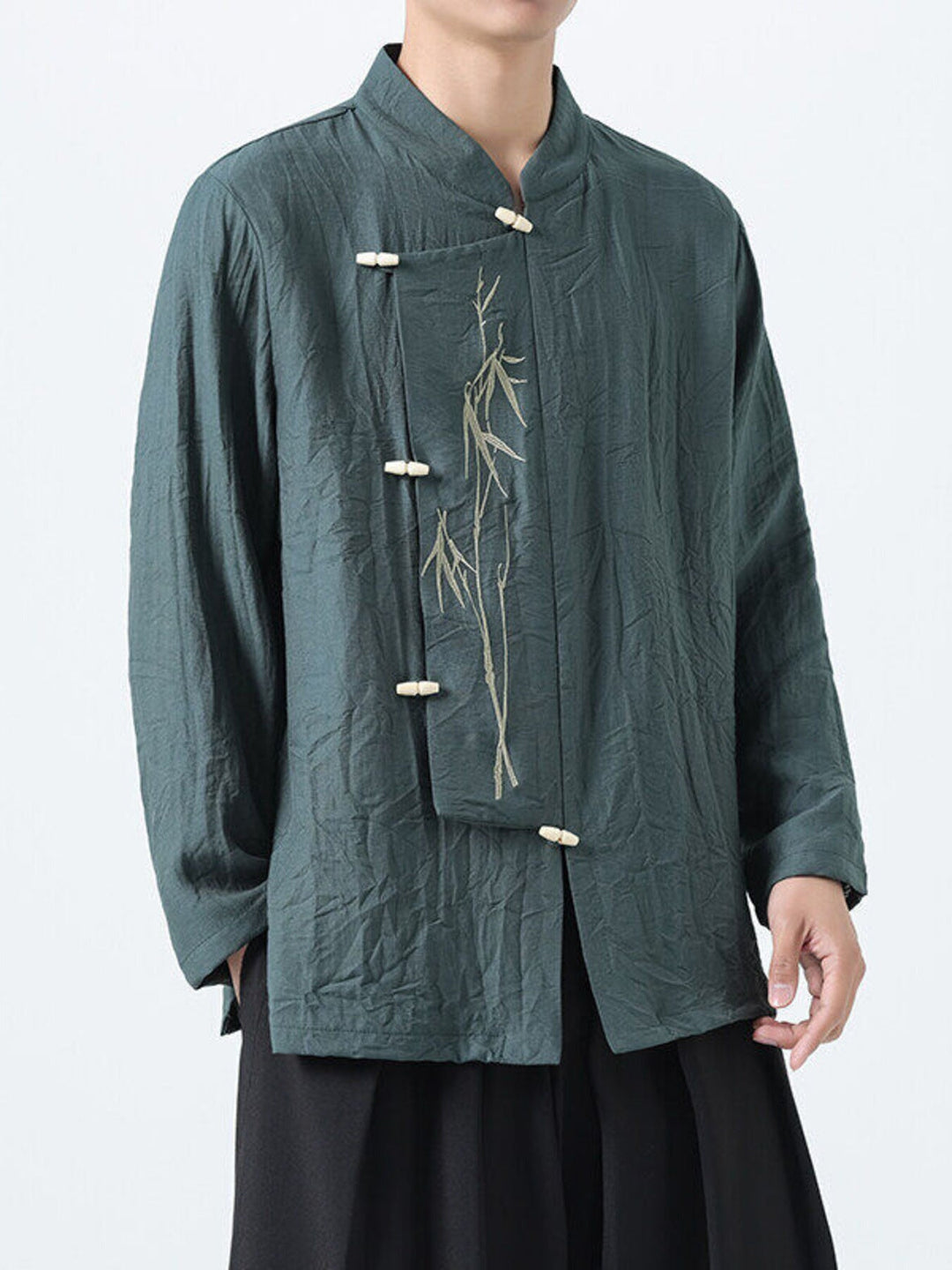 Men's Plus Size Chinese Style Embroidered Bamboo Linen Shirt