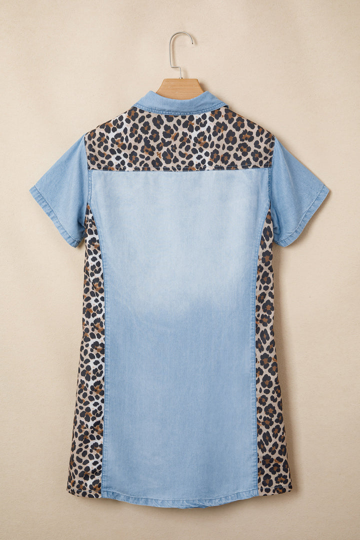 Myosotis Denim Color Block Leopard Patchwork Shirt Collar T Shirt Mini Dress