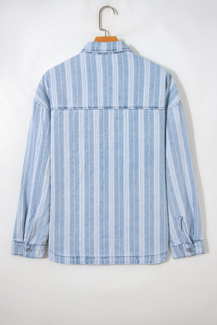 Sky Blue Stripe Boyfriend Chest Pocket Classic Denim Shacket