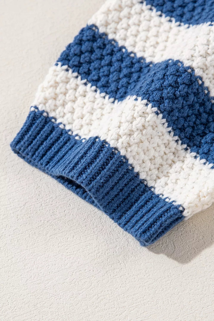 Stripe V Neck Pocketed Drawstring Hooded Sweater
