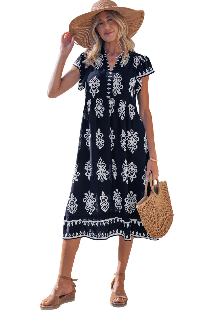 Blue Western Ethnic Print Notched Neck Short Sleeve Midi Dress