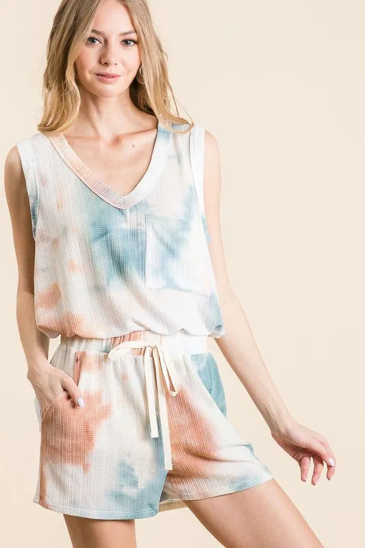 BiBi Tie Dye Textured Knit Top and Shorts Set