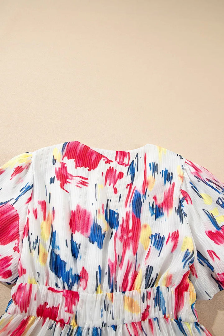 Abstract Print Short Puff Sleeve Tiered Maxi Dress