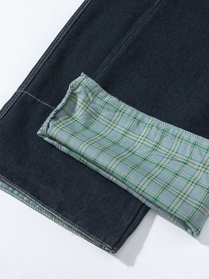 Men's Plaid Pocket Wide Leg Jeans