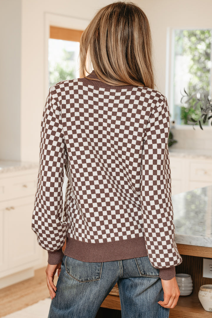 Dark Brown Half Button Ribbed Trim Checkerboard Knit Sweater