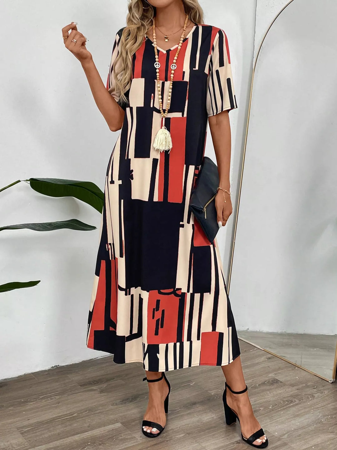 Abstract Geometric Print V-Neck Midi Dress