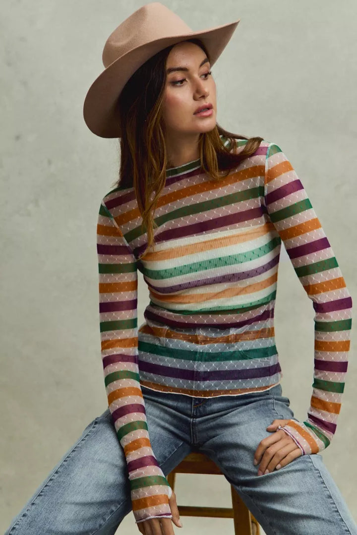 SO ME Mardi Gras Color Stripe Stretch Mesh Top