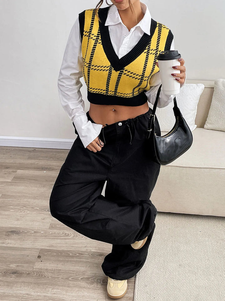 Plaid V-Neck Cropped Sweater Vest