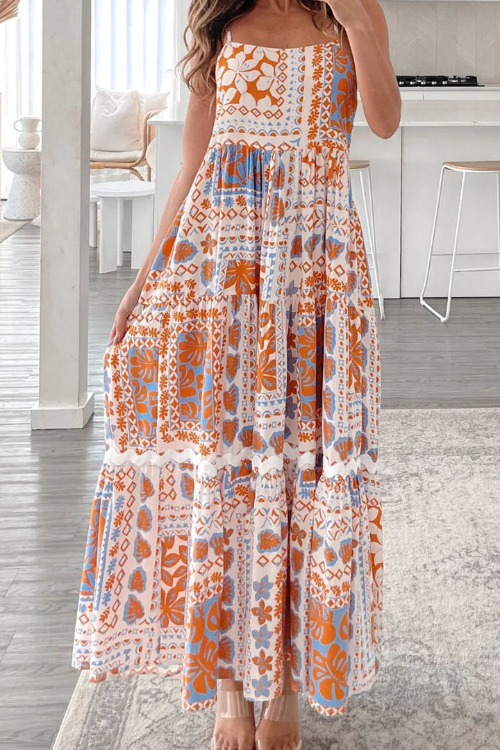 Printed Smocked Back Ricrac Trim Cami Dress