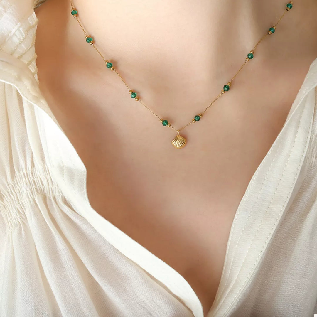 18K Gold-Plated Titanium Steel Crystal Bead Pendant Necklace