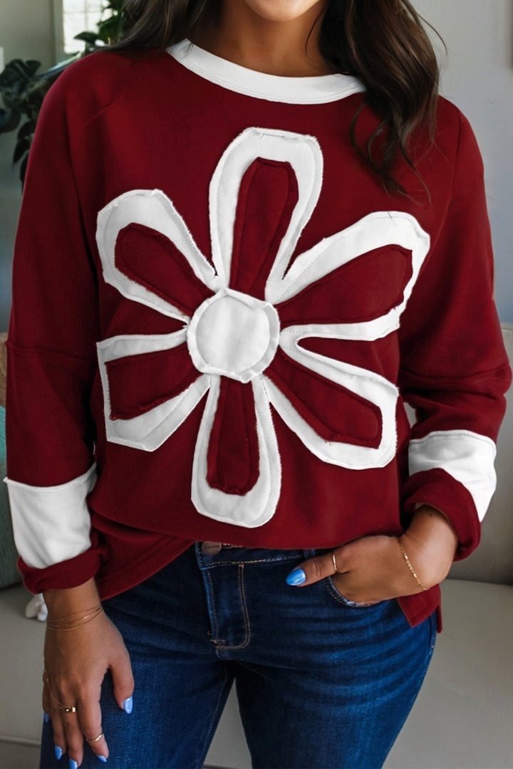 Red Dahlia Cheerful Daisy Flower Patched Round Neck Long Sleeve Top