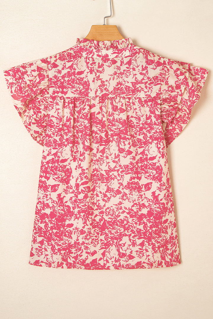 Rose Allover Printed Half Button Neck Ruffle Sleeve Blouse