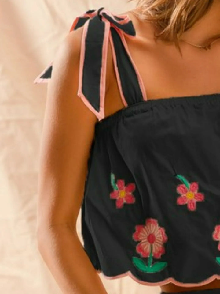 SO ME Flower Embroidered Tank Top and Shorts Set