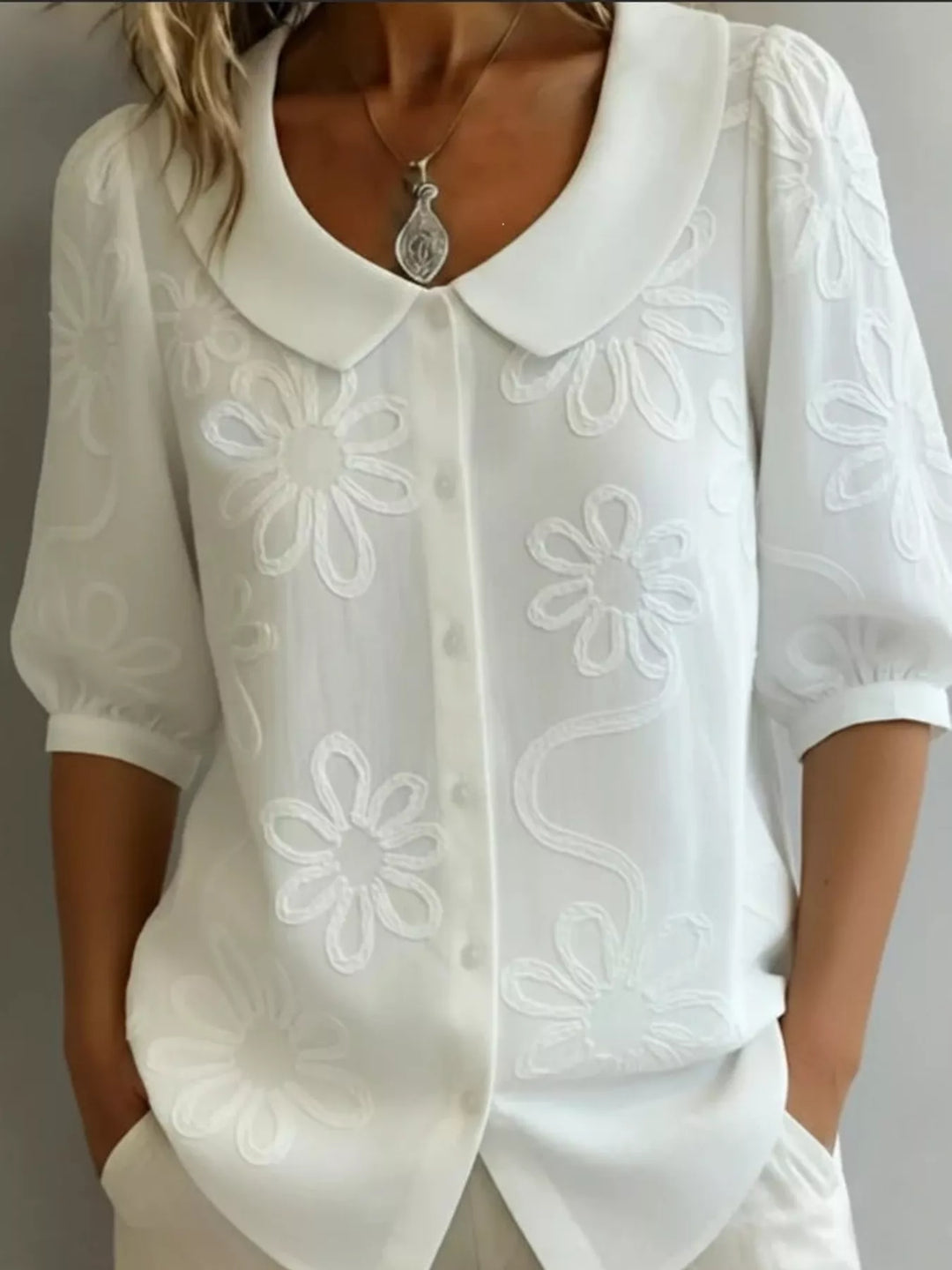 Full Size Flower Puff Sleeve Shirt Plus Size