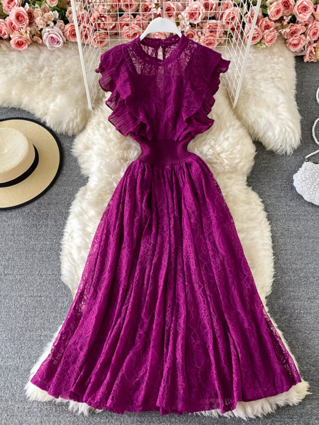 Ruffled Mock Neck Lace Maxi Dress