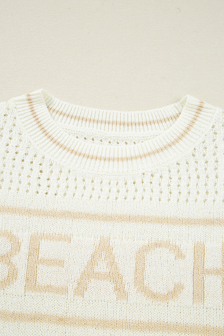 White BEACH Hollow Out Knitted Lightweight Dolman Sweater