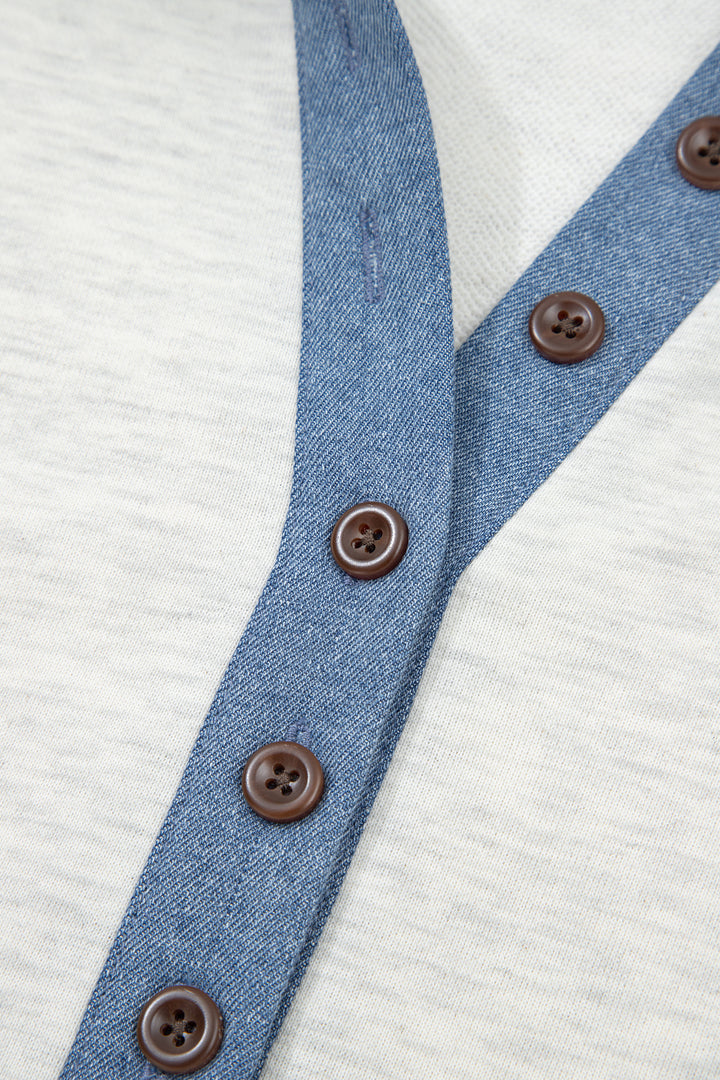 Light Grey Denim Patchwork Buttoned Polo Collar Long Sleeve Top