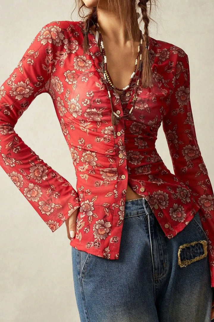 Floral  Button-Front Shirt with Bell Sleeves