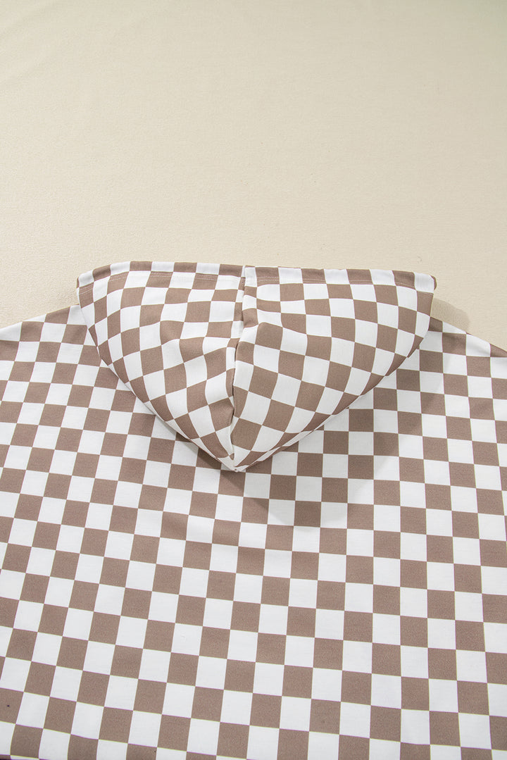 Khaki Double Checkered Patchwork Tie Neck Oversize Hoodie