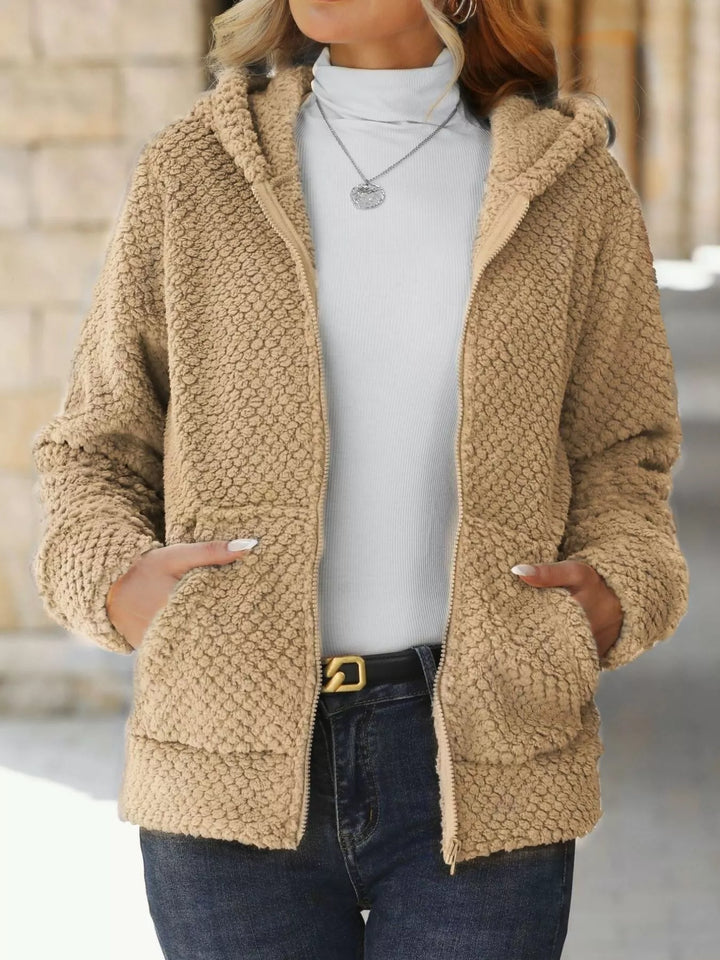 Textured Knit Zip-Up Hooded Outerwear