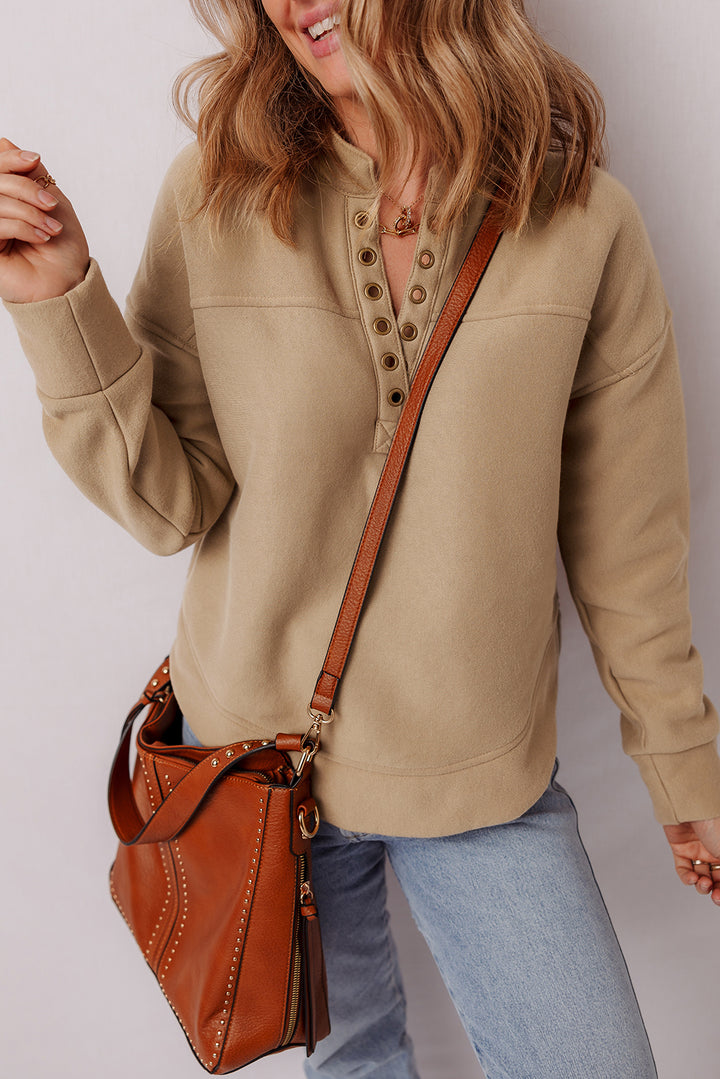 Light French Beige Grommet Detail V Neck Sweatshirt