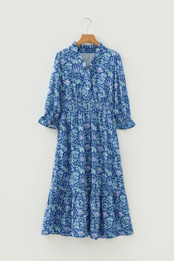Sky Blue Floral Printed Frilled V Neck Bracelet Sleeve Long Dress