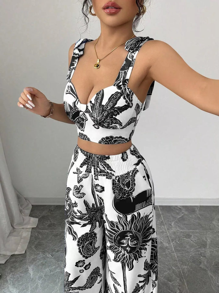 Floral Print Crop Top and Wide Leg Pants Set