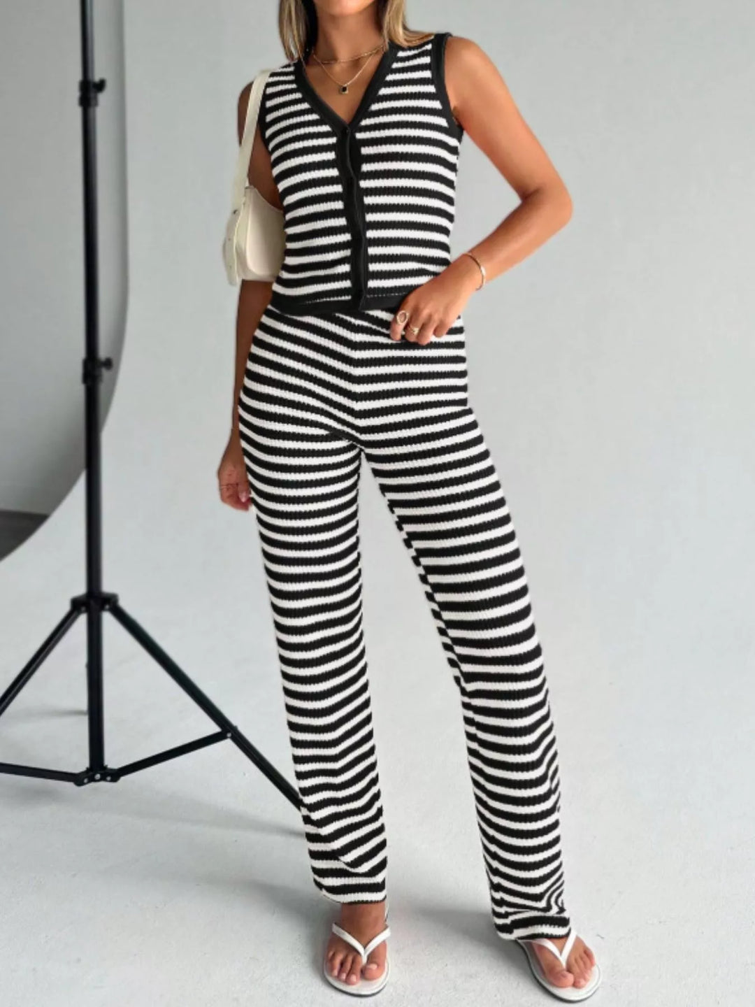 Striped Knit V-Neck Button-Up Sleeveless Top and Flare Pants Set
